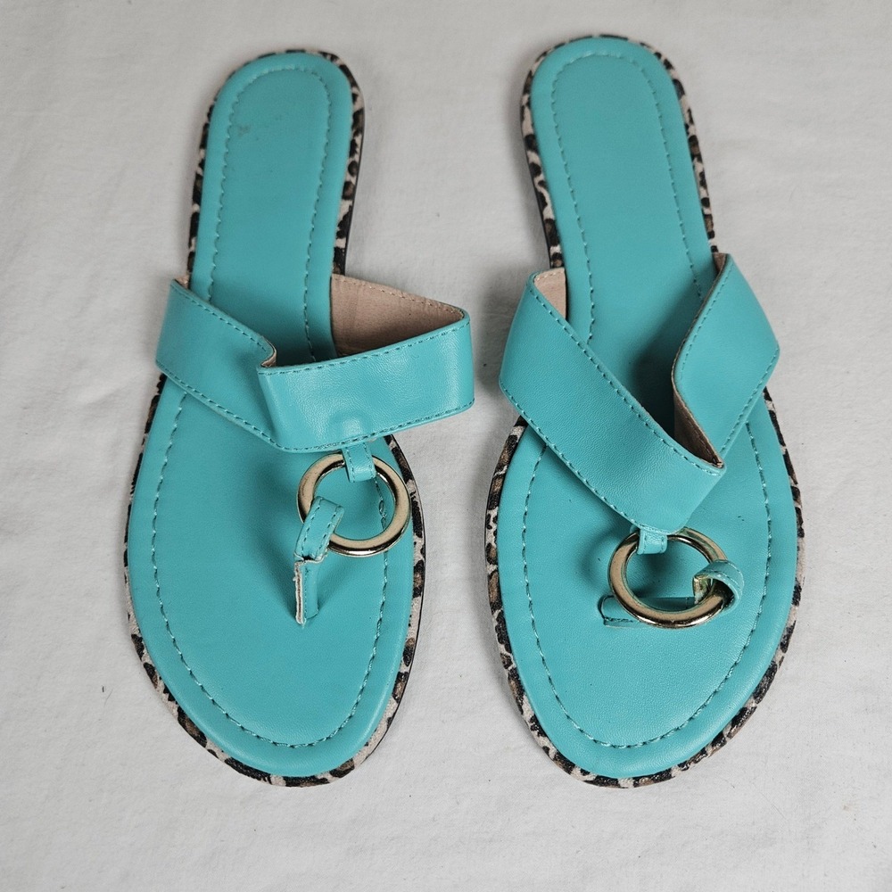 Turquoise Faux Leather Thong Sandals Gold Ring Leopard Trim Flat Slides Size 9